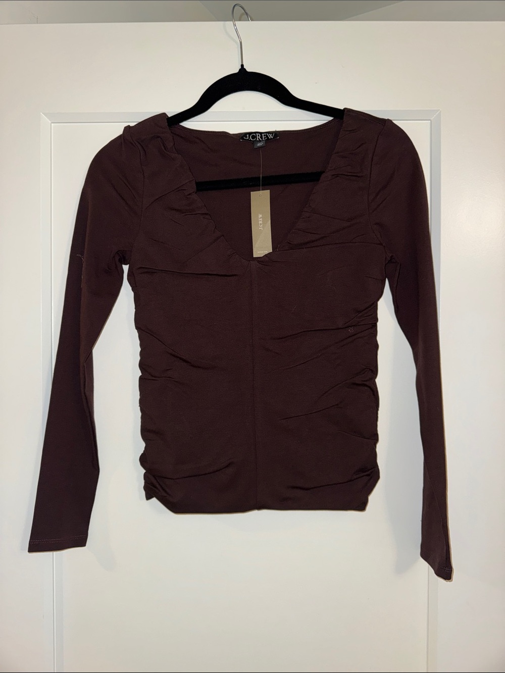 J. Crew Ruched V-Neck Long Sleeve Top — Dark Brown